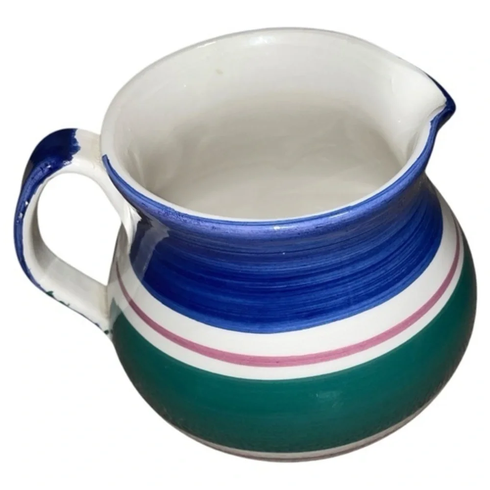 Furio Vintage Striped Art Pottery Pitcher‎ Made in Italy Blue Green